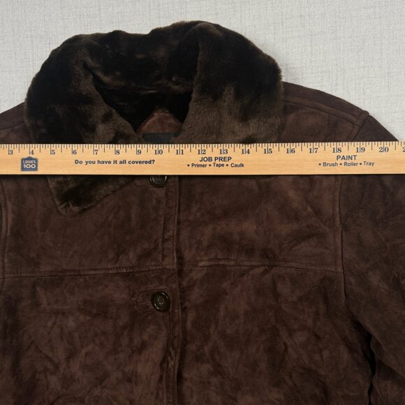 Dennis Basso Leather Coat Faux Fur Trim Button Down Dark Brown - Picture 7 of 13